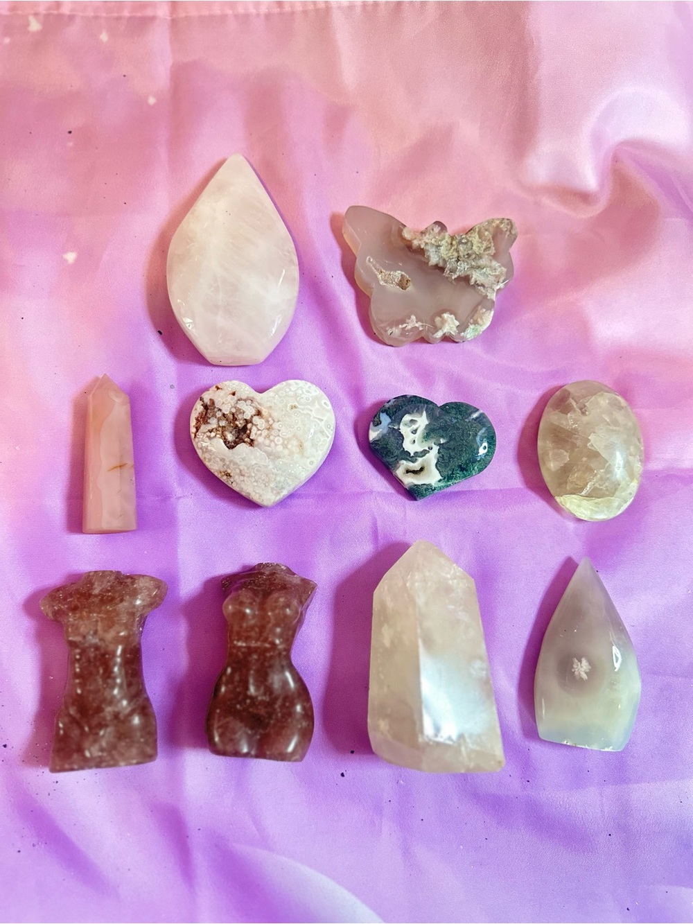 10 Piece Crystal Bundle! Flower + + Jelly + Moss Agate Strawberry Quartz Smoky